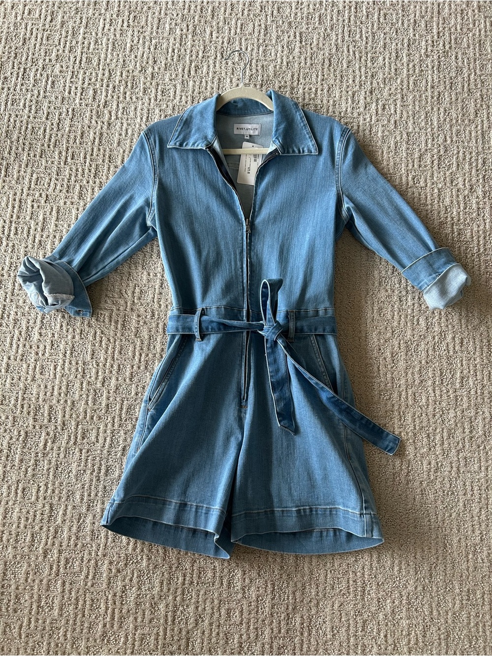 Denim Zip-Front Short Jumpsuit with Tie Belt